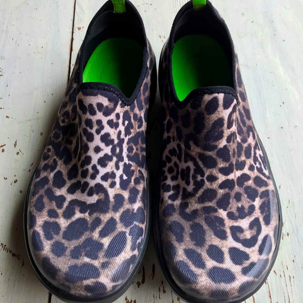 Oofos Leopard Print Slip On Shoes